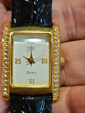 JBK Gold-Tone Rectangular Women's Quartz Watch with Black Strap